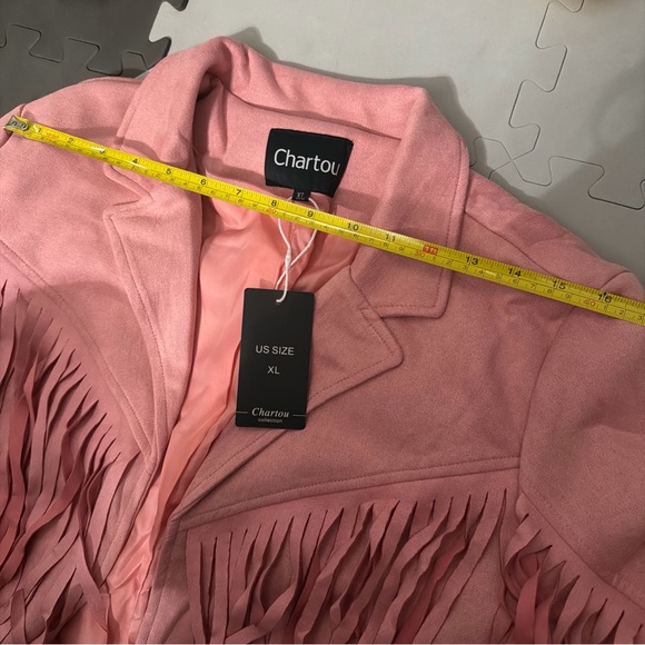 CHARTOU Pink Faux Suede Fringe Cropped Tassel Western Moto Jacket Women’s XL NWT - Picture 5 of 11